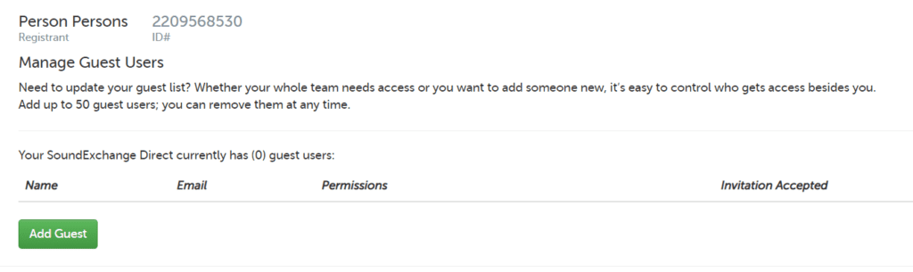 Manage Guest Users page in SX Direct